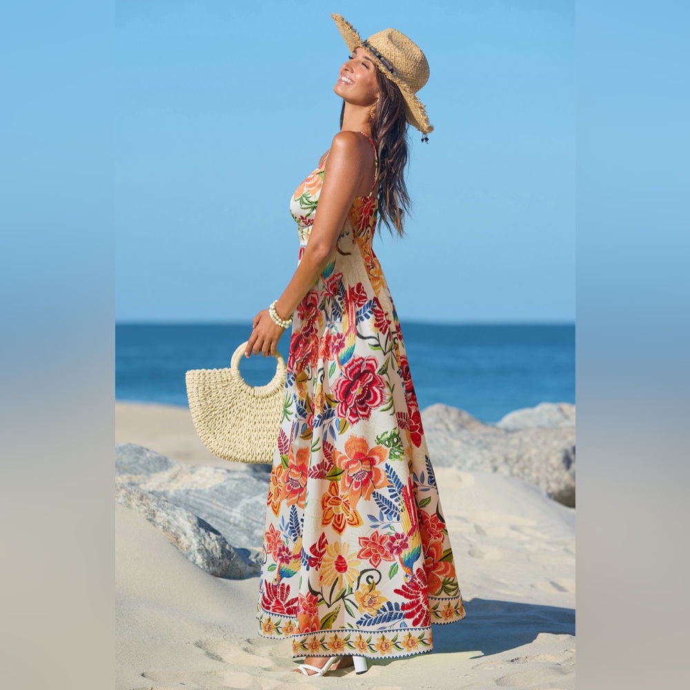 Large. New With Tag Cupshe White Maxi Dress with Multicolor Floral Print - Picture 3 of 7